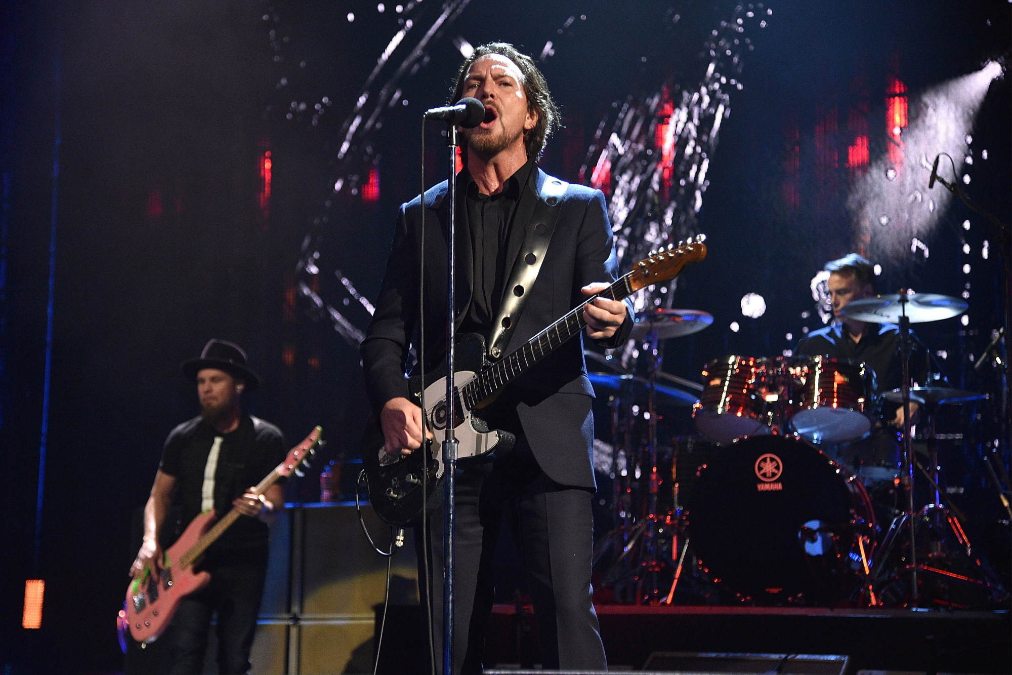 NEW YORK, NY - APRIL 07: Inductees Mike McCready, Matt Cameron, Jeff Ament and Eddie Vedder of Pearl Jam perform onstage during the 32nd Annual Rock & Roll Hall Of Fame Induction Ceremony at Barclays Center on April 7, 2017 in New York City. The broadcast will air on Saturday, April 29, 2017 at 8:00 PM ET/PT on HBO. (Photo by Kevin Mazur/WireImage for Rock and Roll Hall of Fame)